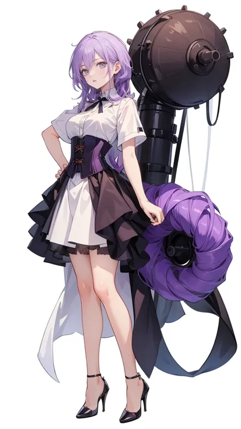 ((Perfect Face)),Purple Hair,long hair,Adult female,White shirt,((Shirt with rolled up sleeves)),(((Roll up your sleeves))),((corset)),short skirt,(High heels),((Simple White Background)),((full body)),((Full Body)),