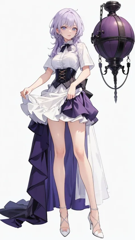 ((Perfect Face)),Purple Hair,long hair,Adult female,White shirt,((Shirt with rolled up sleeves)),(((Roll up your sleeves))),((corset)),short skirt,(High heels),((Simple White Background)),((full body)),((Full Body)),