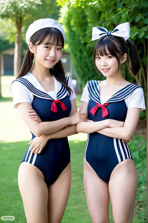 2 girls standing in school yard,short-sleeved white sailor one-piece swimsuit with navy blue bikini bottom,18-year-old,bangs,a little smile,thighs,knees,short hair with low pigtails bunches with red ribbon bow,from below,front light