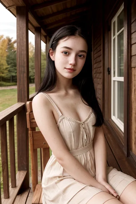 A young girl from Northern Europe, 21 years old, happy, cute face, pale skin, black hair, eyeliner, thin nose, wearing a neckline, wooden house porch, sitting on a wood chair