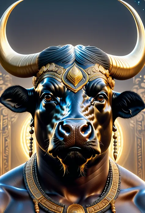 half man half asian black bull, tribal, caramel horns, a milky way, golden ratio, hyperdetail, hyperrealism, hyperfocus, ornate,...