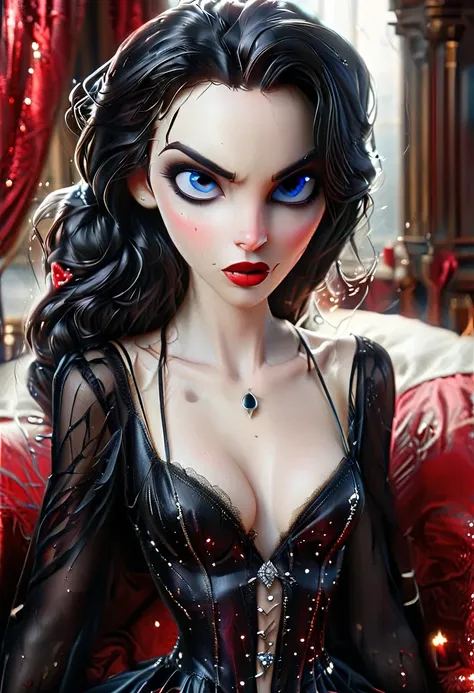 fantasy art deco (art deco: 1.5) A (black and white: 1.5) glamours (vampire: 1.5) model shot, RAW, award winning, of an exquisite beautiful 1solo female vampire, ultra feminine, full body, busty woman, most beautiful face ultra detailed face, ((twin tails:...