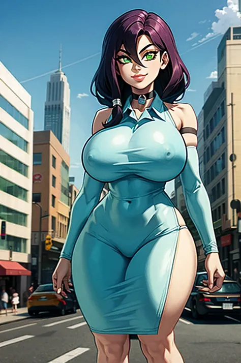 1 girl, (Alone:1.2), curves, (Masterpiece:1.2), (Best Quality:1.2), (perfect anatomy:1.4), (standing:1.4), (safe:1.2), SMILE, (big breasts:1.4), (cowboy shot:1.2),, cut, black choker, purple hair, choker, eyebrows hidden by hair, (green eyes:1.5), hair bet...