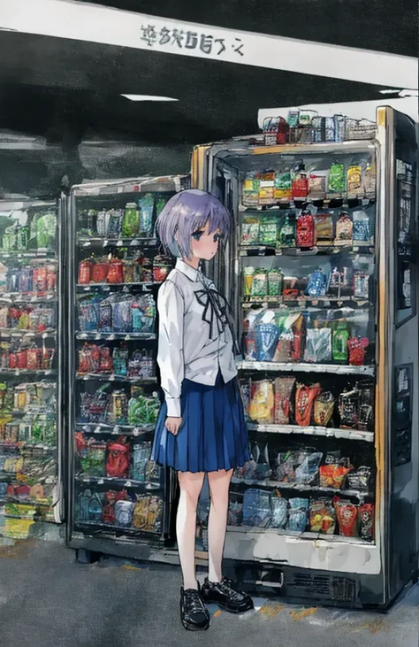 Contributor: tsvbvra, 1 girl, vending machine, skirt, shoes, alone, shirt, Are standing, holding, can, pleated skirt, Bottle, short hair