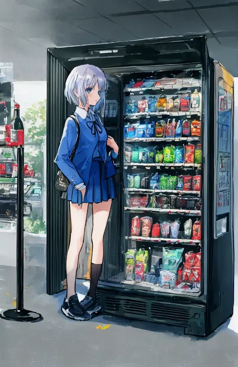 contributor: tsvbvra, 1 girl, vending machine, skirt, shoes, alone, shirt, are standing, holding, can, pleated skirt, bottle, sh...