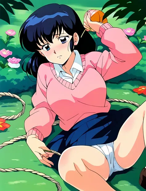 Kyoko,score_9,score_8_superior,score_7_superior,sauce_anime,One girl,alone,View your viewers,soaked,downpour,in the forest,Pink Sweater,White collared shirt,length_skirt,blue skirt,Spread your legs,Biting rope,Lying down,Sad face,:パンティ、露になるパンティ、