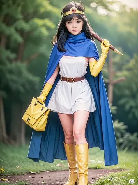 sage_(dq3), 1girl, 
(the vast grasslands), 
long hair, blue hair, normal breast, cleavage, bare shoulders, 
circlet, (yellow gloves:1.6), (white dress:1.6), (belt bag:1.6), (cape:1.6), (knee-high boots:1.6), white panties, 
(holding a wooden long staff), 
...