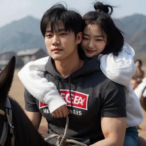 a handsome Korean man wearing a white hoodie, branded short-sleeved t-shirt,, was riding on a woman&#39;s back(his girlfriend) the beautiful one with black hair, playing horse, women wear sweaters, was hugging the man, The background is in a small green gr...