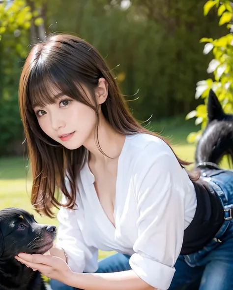 A woman playing with three black puppies、White shirt and jeans、Super delicate dog expression、Being with a dog、A girl and a dog warming themselves by a bonfire、Lens flare、Hair blowing in the wind、Medium Hair、、Expressing the whiteness of one&#39;s breath、Pho...