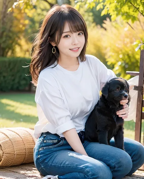 A woman playing with three black puppies、White shirt and jeans、Super delicate dog expression、Being with a dog、A girl and a dog warming themselves by a bonfire、Lens flare、Hair blowing in the wind、Medium Hair、、Expressing the whiteness of one&#39;s breath、Pho...