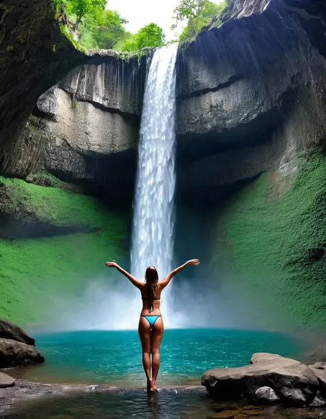 there is a woman in a bikini standing in front of a waterfall, Bathing in the waterfall, standing in a waterfall, in a waterfall stehen, play in waterfalls, under a waterfall, in a cave with waterfall, Under waterfall, standing in front of a waterfall, in ...