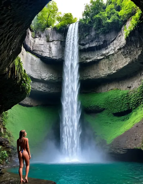 there is a woman in a bikini standing in front of a waterfall, Bathing in the waterfall, standing in a waterfall, in a waterfall stehen, play in waterfalls, under a waterfall, in a cave with waterfall, Under waterfall, standing in front of a waterfall, in ...