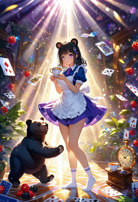 ((Black Bear-eared Kenomi girl:1.3)), cleavage, ((Black hair berry berry short:1.2)), plump shiny lips, (Beautiful purple eyes:1.4), Spoken Heart, Leaning forward, (perfect hand:1.3), Confetti, (Fractal Art:1.0)、shinny skin、patterns、(alice in the wonderlan...