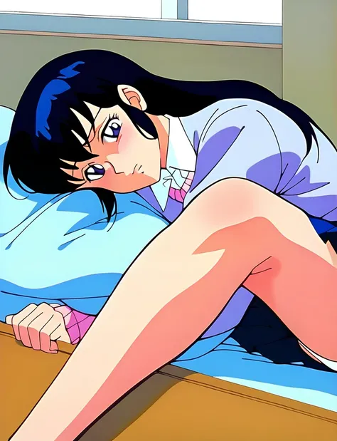 kyoko,score_9,score_8_upper,score_7_upper,sauce_anime,One girl,alone,View your viewers、hospital、Delivery Room、Sitting on the delivery table、Spread your legs、Pink Sweater,White collared shirt,length_skirt,blue skirt,Spread your legs,Lying down,Sad face,:d,a...