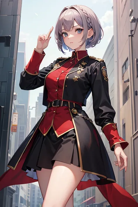 ((Highest quality)),((masterpiece)),(detailed),((Character Ideas))One girl,Hairstyle: Bob,Eye color: Scarlet,Wear uniform,Posing Standing,Background: 1 black color,