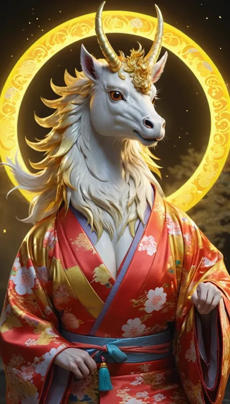 Golden Kirin, 8K resolution, （Looking forward：1.8）, A colorful halo shines, Shining, Only the upper body is visible, It has the head of a kirin and is wearing a kimono, Fortune telling, spiritual, 