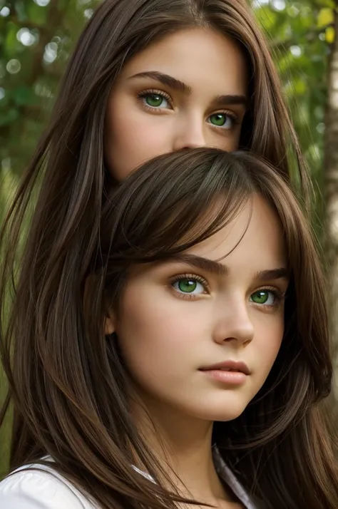 Oval face girl, light complexion of Slavic origin, large and expressive green eyes, Long dark brown hair
