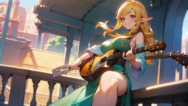 Anime Style,Nostalgic,Detailed background,Magical World,A lively balcony with many people,Smiling bard beautiful elf girl,guitar,Large Breasts,Healthy thighs,Underarm