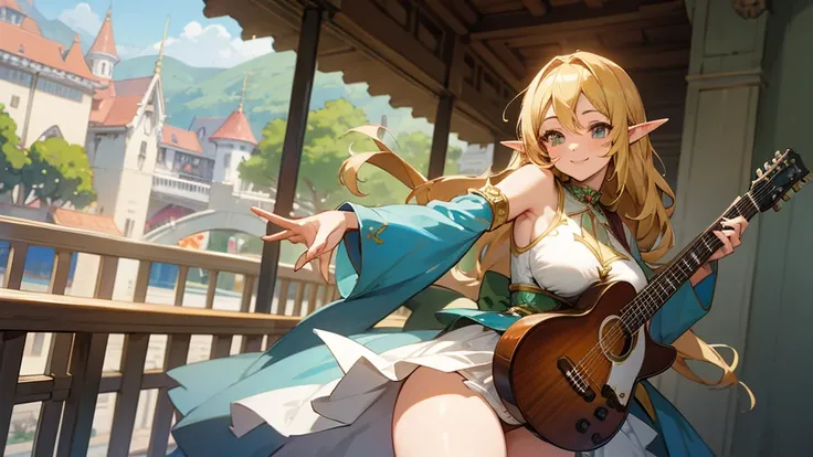 Anime Style,Nostalgic,Detailed background,Magical World,A lively balcony with many people,Smiling bard beautiful elf girl,guitar,Large Breasts,Healthy thighs,Underarm