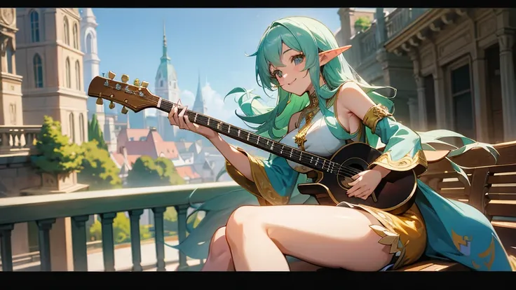 Anime Style,Nostalgic,Detailed background,Magical World,A lively balcony with many people,Smiling bard beautiful elf girl,guitar,Large Breasts,Healthy thighs,Underarm