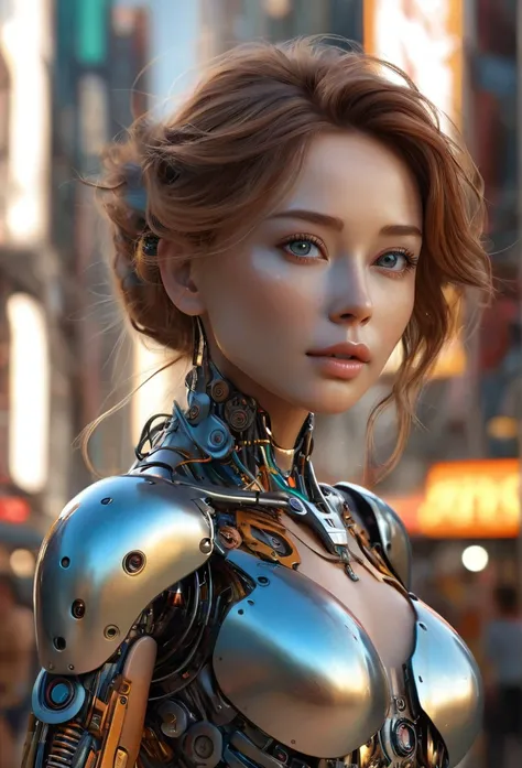 a beautiful woman-robot, sci-fi futuristic city backdrop, intricate mechanical parts seamlessly blended with slender graceful humanoid form, magnificent anatomy and physique, 1/2 body crop, (best quality, 4k, 8k, highres, masterpiece:1.2), ultra-detailed, ...