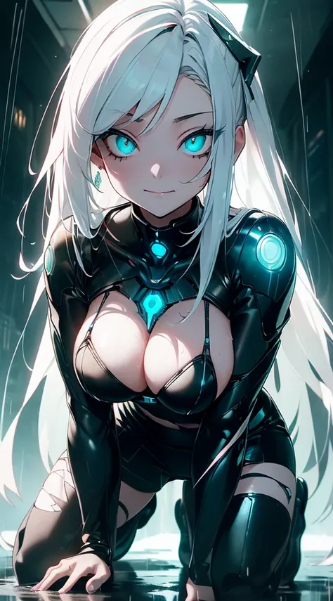 top-quality、Top image quality、​masterpiece、Android Girl((sixteen years old,Body full of scars、Broken cybersuit glowing black, red and white、Blue energy source for the chest,Best Bust、Bust 90、Light blue shiny hair、Longhaire,Cyber Skirt、Blue-green eyes、open ...