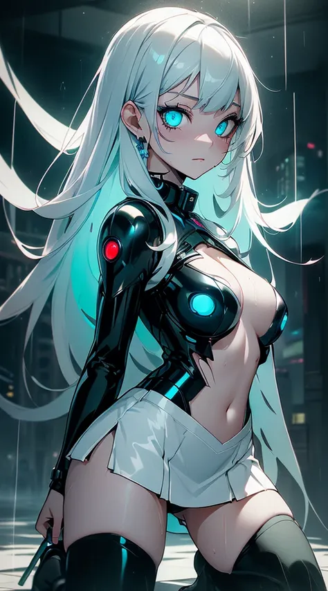 top-quality、Top image quality、​masterpiece、Android Girl((sixteen years old,Body full of scars、Broken cybersuit glowing black, red and white、Blue energy source for the chest,Best Bust、Bust 90、Light blue shiny hair、Longhaire,Cyber Skirt、Blue-green eyes、open ...