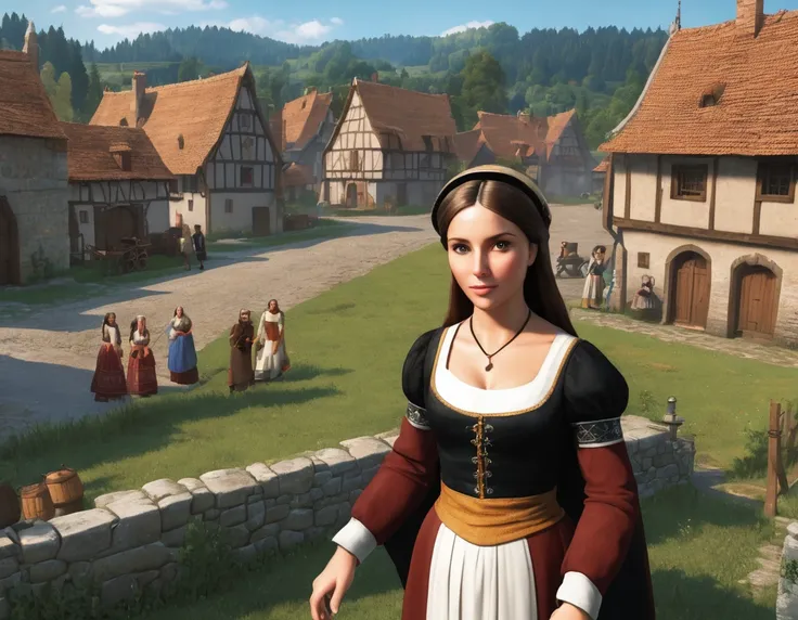 Medieval village, village houses in foreground, manor in background, villager in foreground, young woman, huge breasts, simple clothes