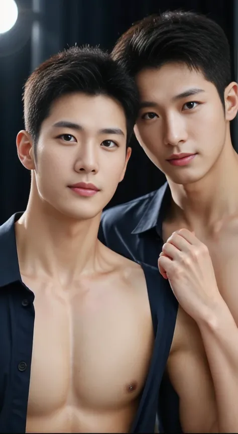 Two male lovers in their 20s taking a photo...., Wear a navy shirt......................, high resolution, masterpiece, best quality, head:1.3,((Hasselblad photos)), delicate skin, Full chest muscles，abdominal muscles，topless，very handsome，clear focus, (Ci...