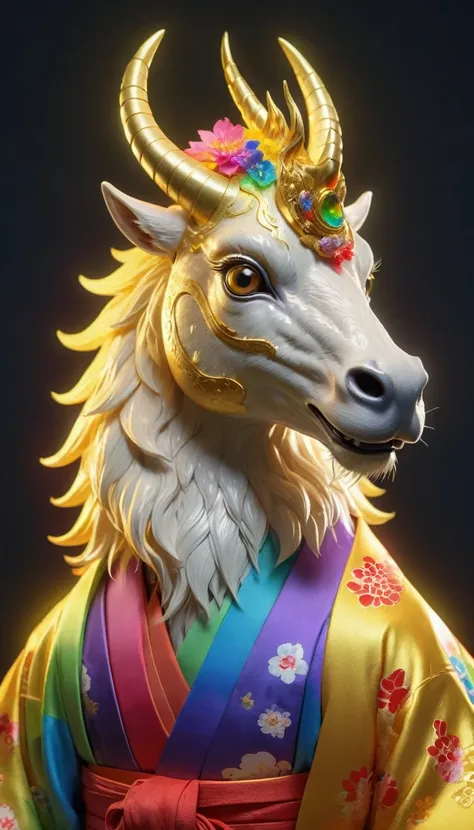 Golden Kirin, 8K resolution, （Looking forward：1.8）, （Facing forward:1.8）, A rainbow-colored halo shines, Shining, Only the upper body is visible, It has the head of a kirin and is wearing a kimono, Fortune telling, spiritual, 