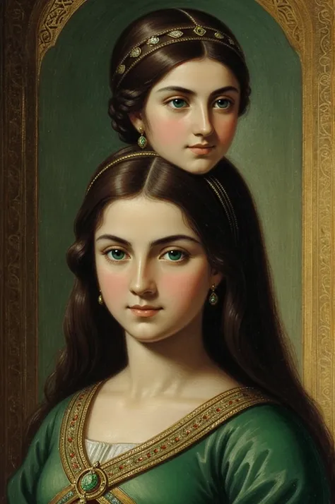 Sultana of the Ottoman dynasty, Oval face, light complexion of Slavic origin, large and expressive green eyes, Long dark brown hair
