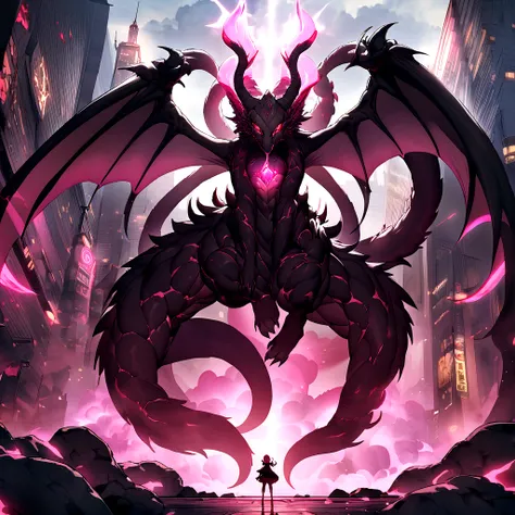 A huge beast with red eyes shaped like a dragon created by means of a black mass, red eyes and 4 tails. It is located in a city being higher than the city, She is two years old made of pink energy and in her mouth she carried an immense ball of black energ...