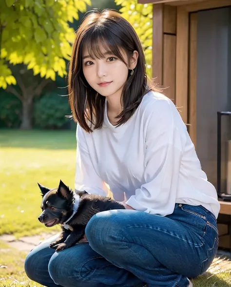 A woman playing with many small black puppies、White shirt and jeans、Super delicate dog expression、Being with a dog、A girl and a dog warming themselves by a bonfire、Lens flare、Hair blowing in the wind、Medium Hair、、Expressing the whiteness of one&#39;s breat...