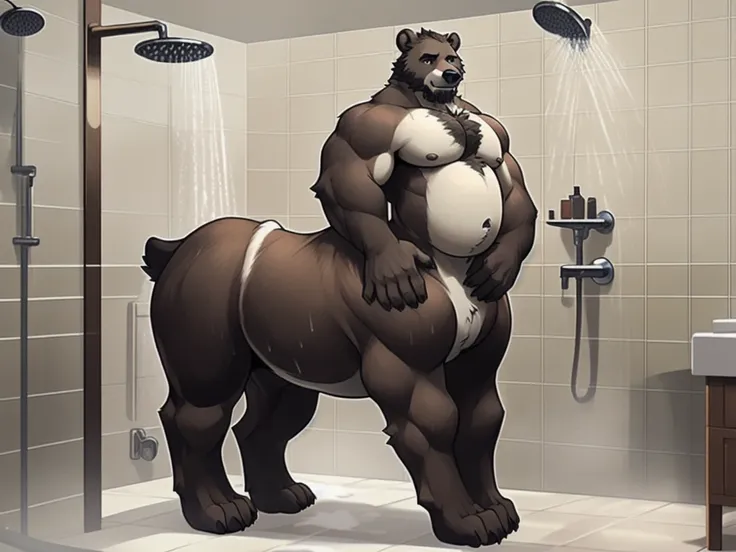 furry, fur taur, beartaur, middle-age, solo, detailed face, bear ears, bear eyes(brown), bear nose(black), bear mouth, garibaldi beard(grey), mature hair(grey), detailed arms(strongest), muscular, hands(5 fingers), detailed body belly, muscle belly(white),...