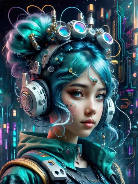 A young woman with teal blue hair styled in twin pigtails. She is wearing a futuristic outfit comprised of an electronic-themed dress. Her headband consists of a square design emblem with ribbons dangling from it. The color palette includes shades of teal,...