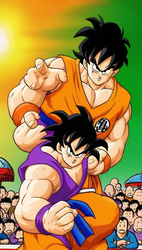 during a match in a mixed martial arts ring, yamcha and frieza fighting