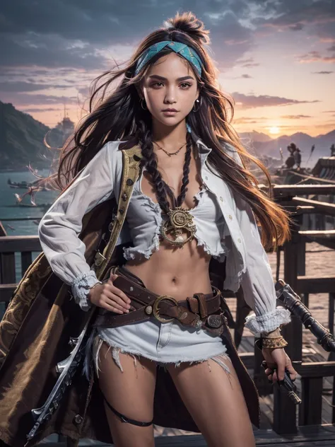 (Ultra quality:1.2), (Ultra detailed:1.2), (Ultra detailed clothes:1.2), (Ultra detailed face:1.2), (Ultra detailed eyes:1.2), (Ultra detailed body:1.2), (Ultra detailed weapons:1.2), young pirate girls, standing on the deck, torn clothes, using headband, ...