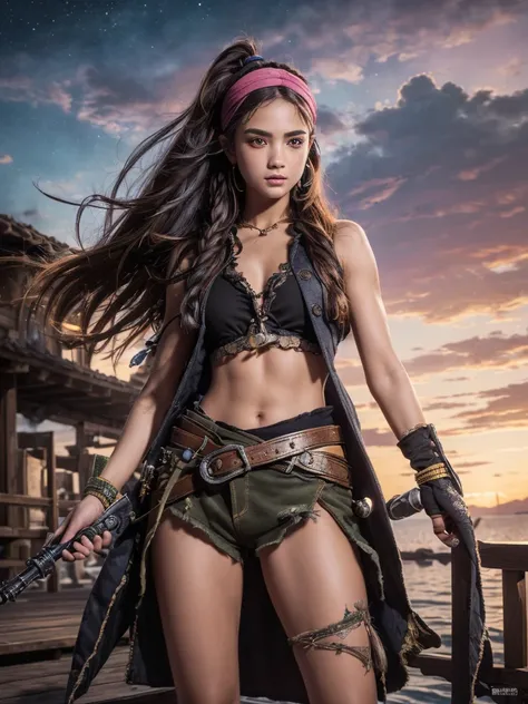 (Ultra quality:1.2), (Ultra detailed:1.2), (Ultra detailed clothes:1.2), (Ultra detailed face:1.2), (Ultra detailed eyes:1.2), (Ultra detailed body:1.2), (Ultra detailed weapons:1.2), young pirate girls, standing on the deck, torn clothes, using headband, ...