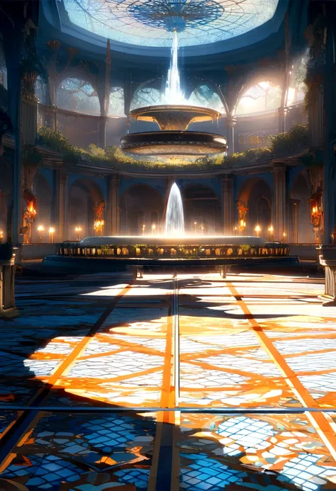 a large room with a fountain inside of it, a detailed matte painting by Makoto Shinkai, cgsociety, aestheticism, anime aesthetic, rendered in unreal engine, unreal engine 5