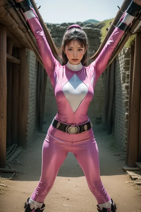 pink theme，pink ranger suit、curvy, big breats,  full body, tied on saint andrew's cross in x position