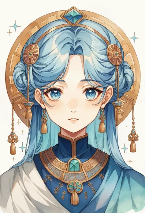 (masterpiece,best quality,Extremely detailed:1.6),illustration,, (solitary,1 girl,Beautiful and delicate eyes:1.2)Ancient style girl，Watercolor and ink style，Light blue hair，Blue-purple clothes，Hair accessories，Blue pupils，Soft tones，Vibrant colors，Light，L...