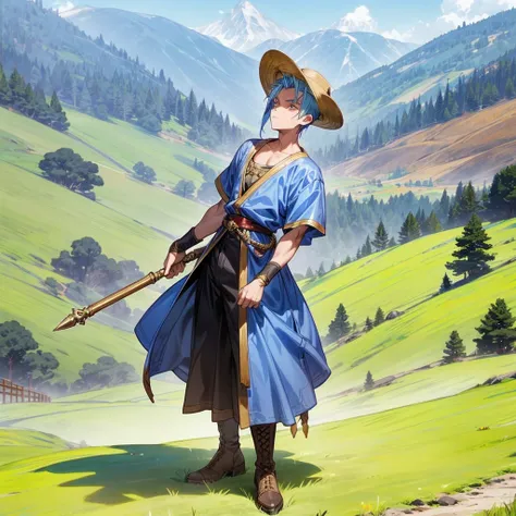 1boy, Full body version, 1character, gold eyes, tan skin, mohawk hairstyle, round eyes type, gold colour hair, blue cowboy hat, Renaissance clothing, gray color clothing, Ancient Roman boots, (hammer in hand), Grassroots background in mountain fields