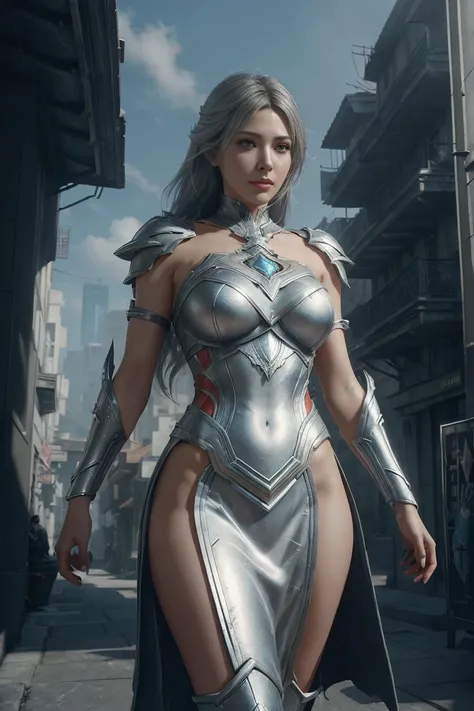 concept art (Digital Artwork:1.3) of (Simple illustration:1.3) a woman in a silver and white costume standing in a city, from lineage 2, wearing witchblade armor, lineage 2 revolution style, unreal engine render saint seiya, of a beautiful female warframe,...