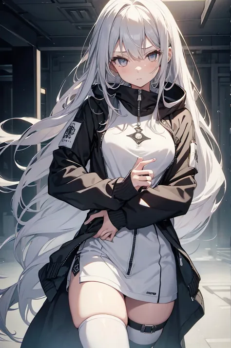 1girl, {Solitary}, Upper Body ,{{ {Watching at viewer}}}, Arms at your sides, Concept Art, white Background, simple Background, White hair, Silver gradient hair , Composite cloth, Asymmetrical clothes, Virtual YouTuber, best quality, masterpiece, Dynamic A...