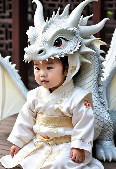 2-year-old Chinese girl,Lovely, Round your face,Slept in a white dragon&#39;s bed, Shutterstock Contest Winner, Fantasy art, A dragon made of clouds, Chinese Fantasy, Lying in the fairyland of white clouds，Camera shot, Movie Style, Intricate and sophistica...