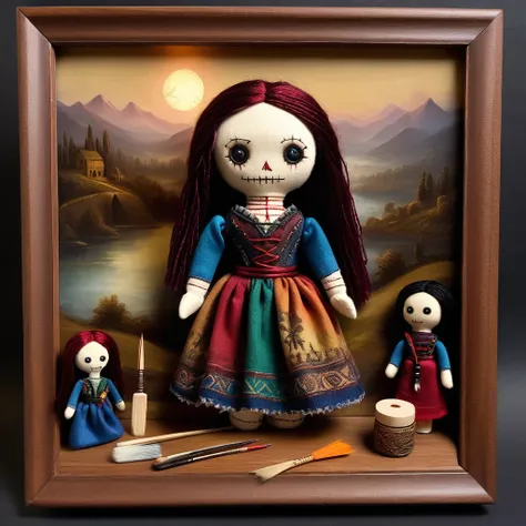 (knitted toy voodoo doll:1.8), (Voodoo Mona Lisa:1.3), (Clothing: Renaissance-style dress with intricate patterns, dark shawl:1.0), (Accessories: tiny framed portrait, small painters palette, miniature paintbrush:1.2), (background: ethereal landscape with ...