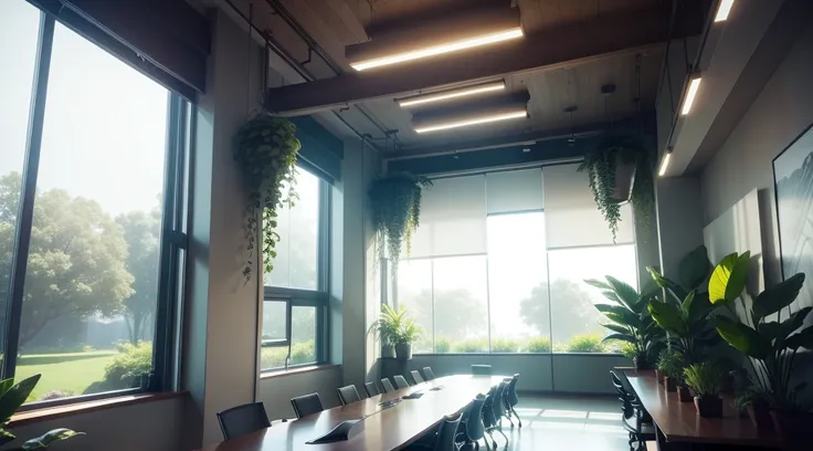 Bright open office，Designed to harmonize productivity and natural elements. There are several island tables in the great room, Each meeting room is equipped with stylish and high-resolution screens, Where teams collaborate seamlessly. In the productive hus...