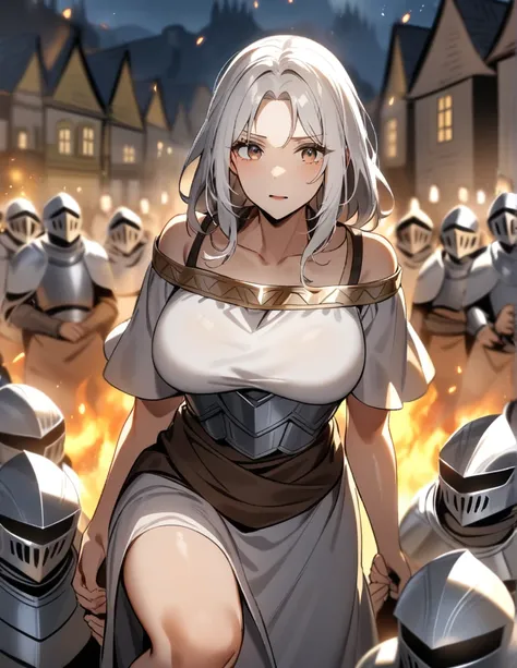 milf Greek woman with white hair, brown eyes, wearing peasant clothes, being captured and held by knights wearing shiny silver armor, in a burning village