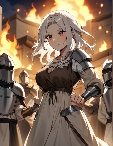 milf Greek woman with white hair, brown eyes, wearing peasant clothes, being captured and held by knights wearing shiny silver armor, in a burning village