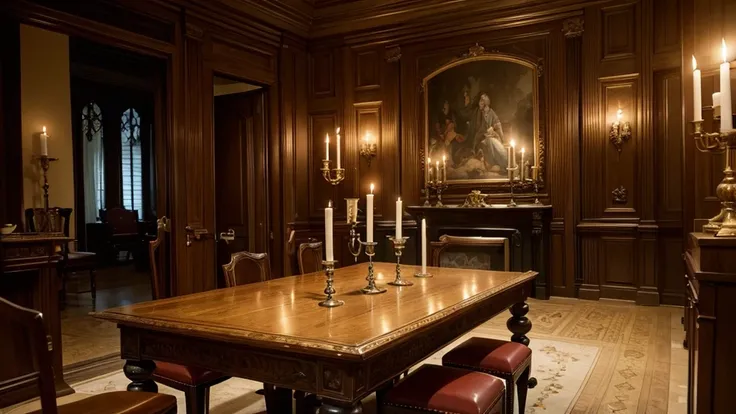 eighteenth century，Ancient dining table，alchemy，mystery，altar，candle，dark night atmosphere，，sorcery